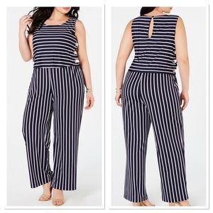 NY Collection Plus Size & Petite Striped Side Lace Up Jumpsuit Sz 3XP Blue White
